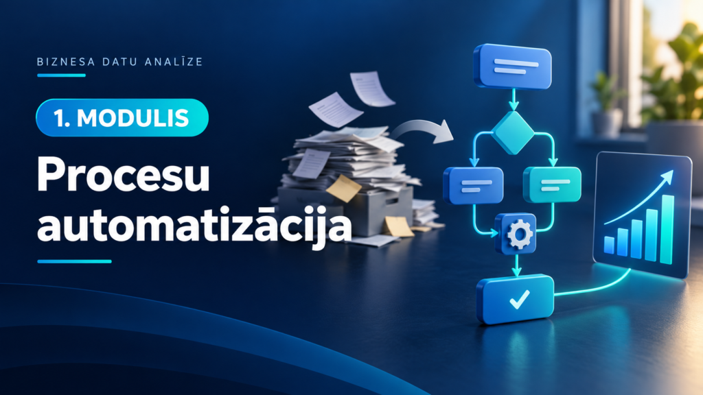 1. modulis — Procesu automatizācija. Darbplūsmas soļi un lēmumi pārvērš manuālu darbu automatizētā procesā.