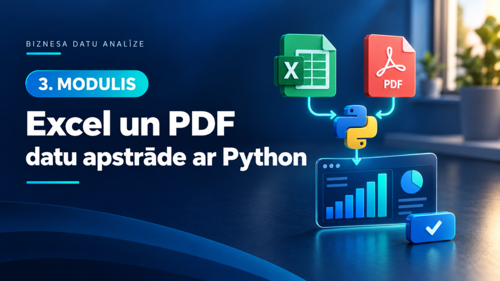 3. modulis — Excel un PDF datu apstrāde ar Python. Dokumentu dati pārvēršas analīzes pārskatā.