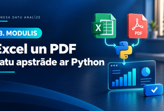 3. modulis — Excel un PDF datu apstrāde ar Python. Dokumentu dati pārvēršas analīzes pārskatā.